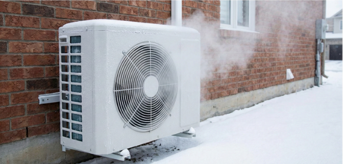 Pompe à chaleur en cycle de dégivrage hivernal dégageant de la vapeur.