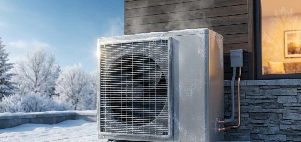 Intérieur confortable chauffé par pompe à chaleur malgré le grand froid extérieur.