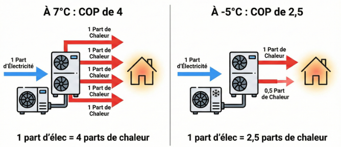 Schéma explicatif du COP d'une pompe à chaleur en fonction de la température extérieure.